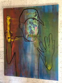 a painting of a man holding a baseball bat